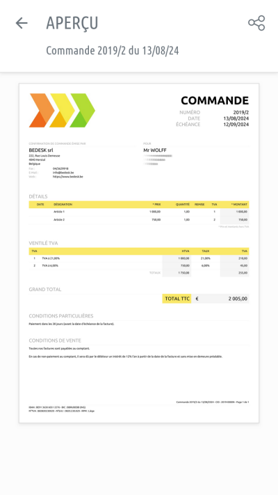 Aperçu d'une commande client. Document générique utilisé comme bon de commande de vente ou comme accusé de réception de commande client